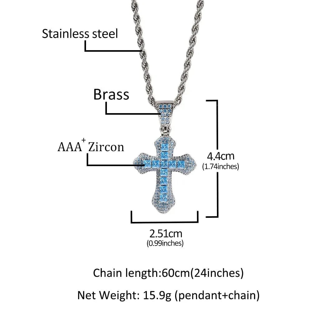 Hiphop Diamond Pave Cross Pendant Necklace Beautiful Red Pink Blue Square Cubic Zirconia Jewelry For Women Man