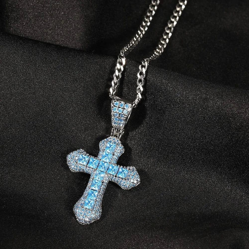 Hiphop Diamond Pave Cross Pendant Necklace Beautiful Red Pink Blue Square Cubic Zirconia Jewelry For Women Man