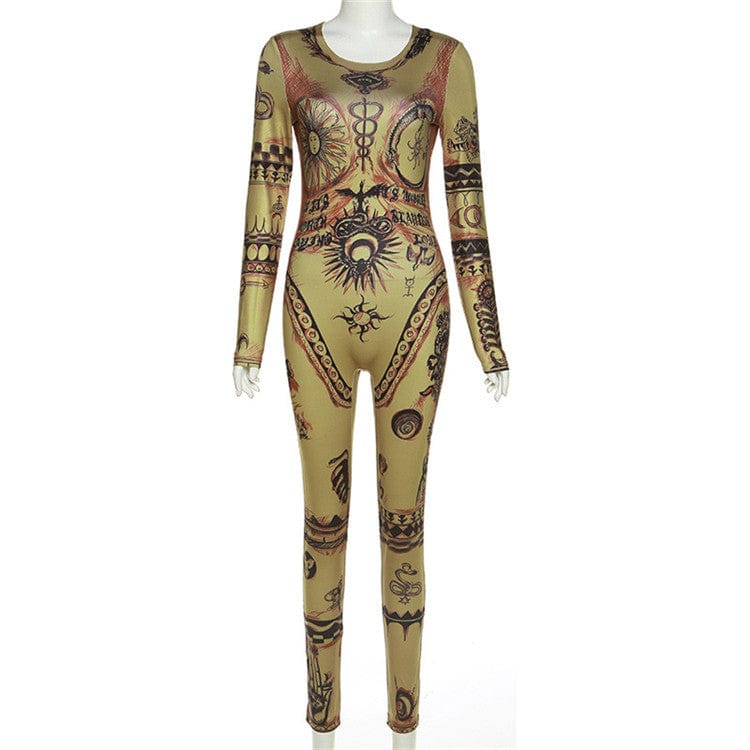 Hipster Print Jumpsuit Women Aesthetic Full Sleeve Spring New With Zipper Overall