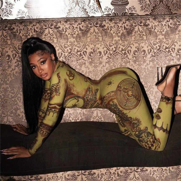 Hipster Print Jumpsuit Women Aesthetic Full Sleeve Spring New With Zipper Overall