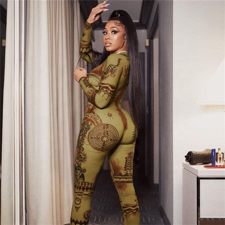 Hipster Print Jumpsuit Women Aesthetic Full Sleeve Spring New With Zipper Overall