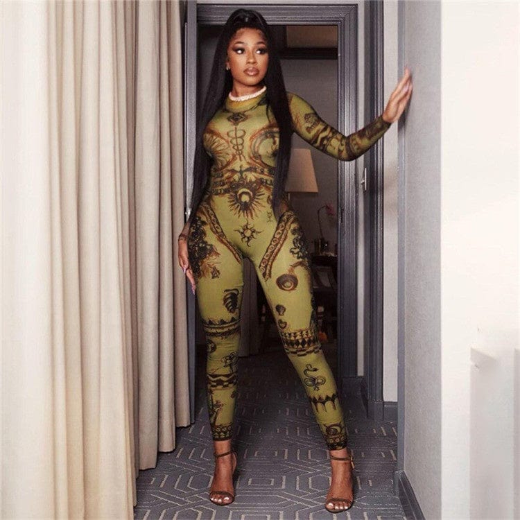 Hipster Print Jumpsuit Women Aesthetic Full Sleeve Spring New With Zipper Overall