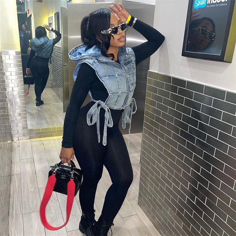 Hooded Denim Cotton Padded Washed Denim Vest 2023 Spring Womens Jean Puffer Vest Women Casual Bubble Bomber Jacket