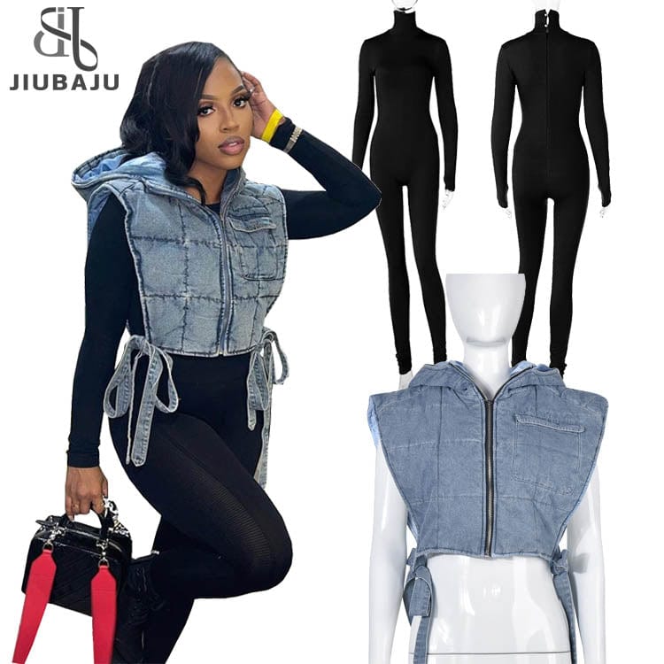 Hooded Denim Cotton Padded Washed Denim Vest 2023 Spring Womens Jean Puffer Vest Women Casual Bubble Bomber Jacket