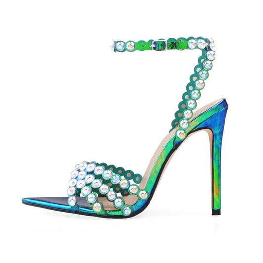 Hoslasen shoes holographic blue very pointy open toe shape with shinny pearls high heel sandals women shoes summer 2022 fashion