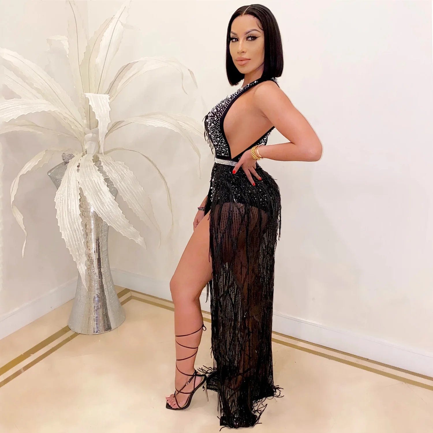 Hot Diamond Sequin Bodycon Sexy Front Split Women Party Black White Long Dress