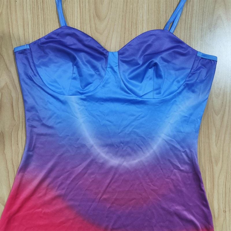 Hot New Product Sexy Low Cut Colorful Gradient Spaghetti Strap Dress High Waist Sleeveless Backless Bodycon Dresses For Women