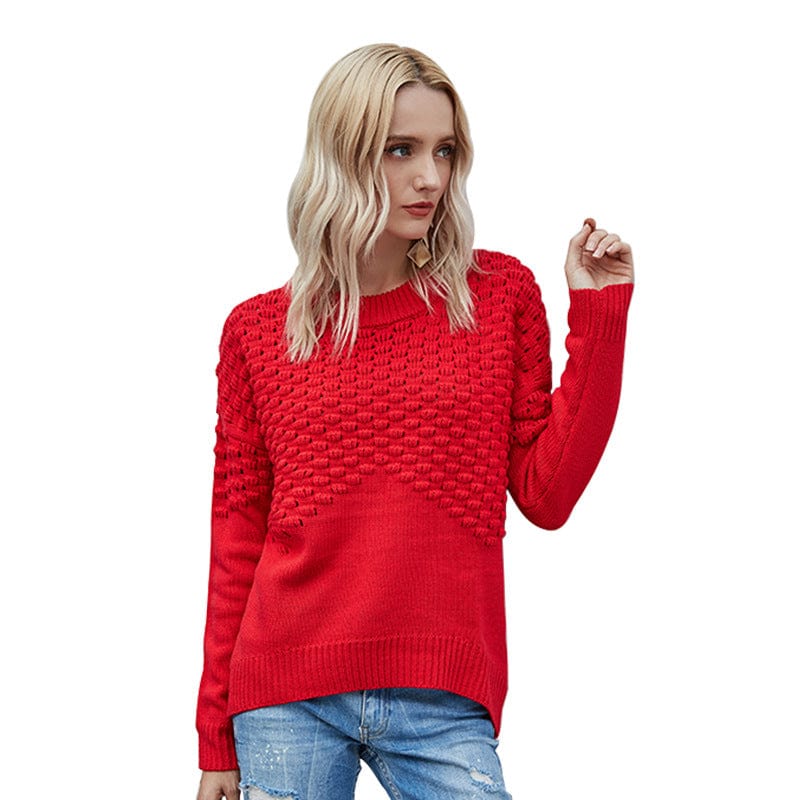Hot Round Neck Pullover Women's Knitted Sweater Solid Color Long Sleeve Hollow