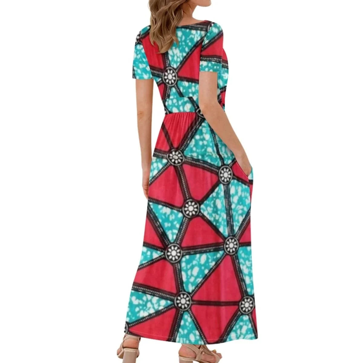 Hot sale custom made geometric design short sleeves long dresses african wax print clothes women's dresses for special occasions