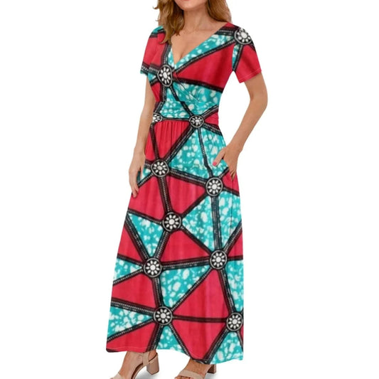 Hot sale custom made geometric design short sleeves long dresses african wax print clothes women's dresses for special occasions