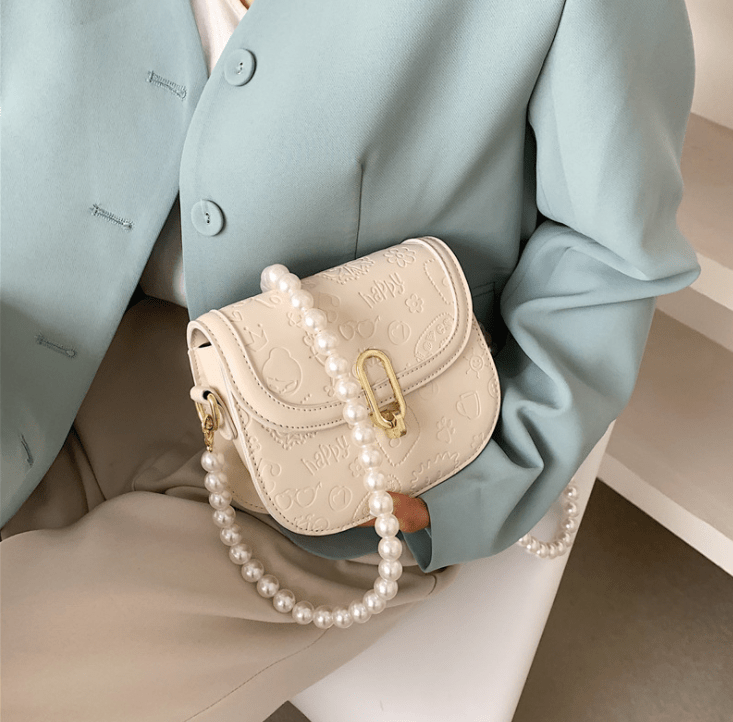 Hot sale cute cartoon print pearl chain lady tote bag small square bag shoulder handbag Chain Shoulder Messenger Bags
