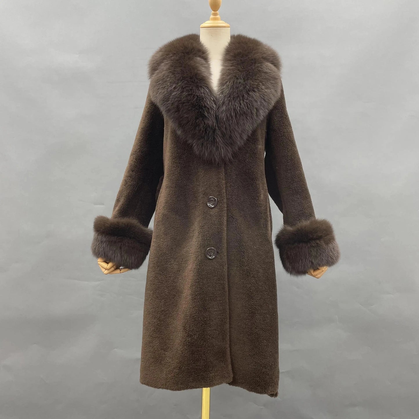 Hot Sale Fashion Winter Sheep Shearling Jacket Women Fox Fur Collar Real Lamb Wool Coat