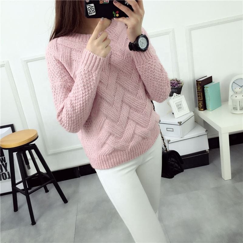 Hot Sale Fashionable Pink Lady Crew Neck Autumn Winter Thick Cable Knitted Cheap Women Sweater