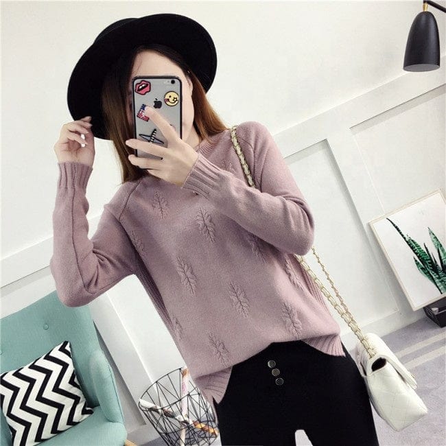 Hot Sale Korean Style High Neck Leaf Print Woman Cashmere Sweater
