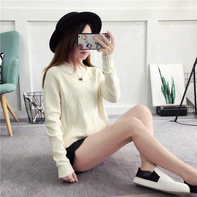 Hot Sale Korean Style High Neck Leaf Print Woman Cashmere Sweater
