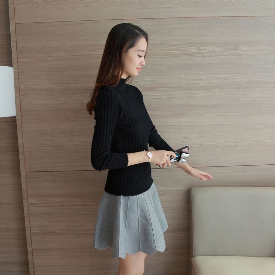 Hot Sale Korean Style High Neck Slim Fit Girls Spring Thin Sweater