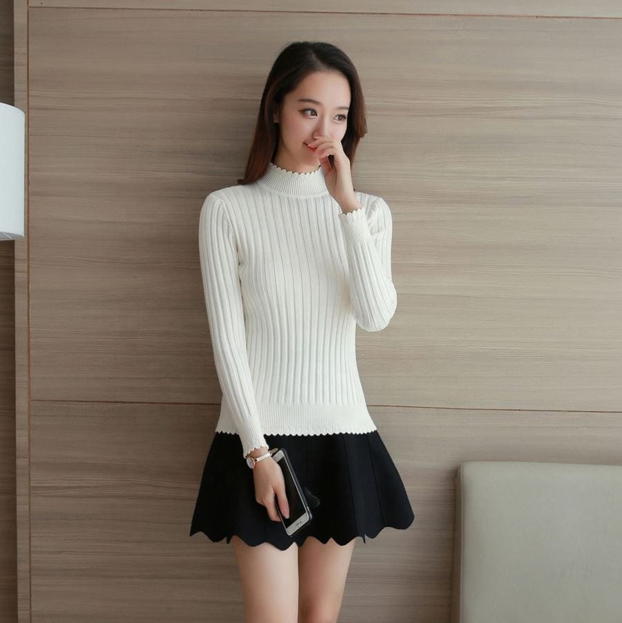 Hot Sale Korean Style High Neck Slim Fit Girls Spring Thin Sweater