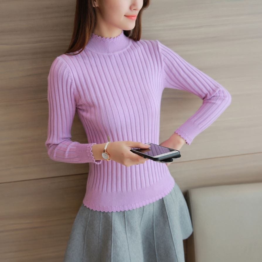 Hot Sale Korean Style High Neck Slim Fit Girls Spring Thin Sweater