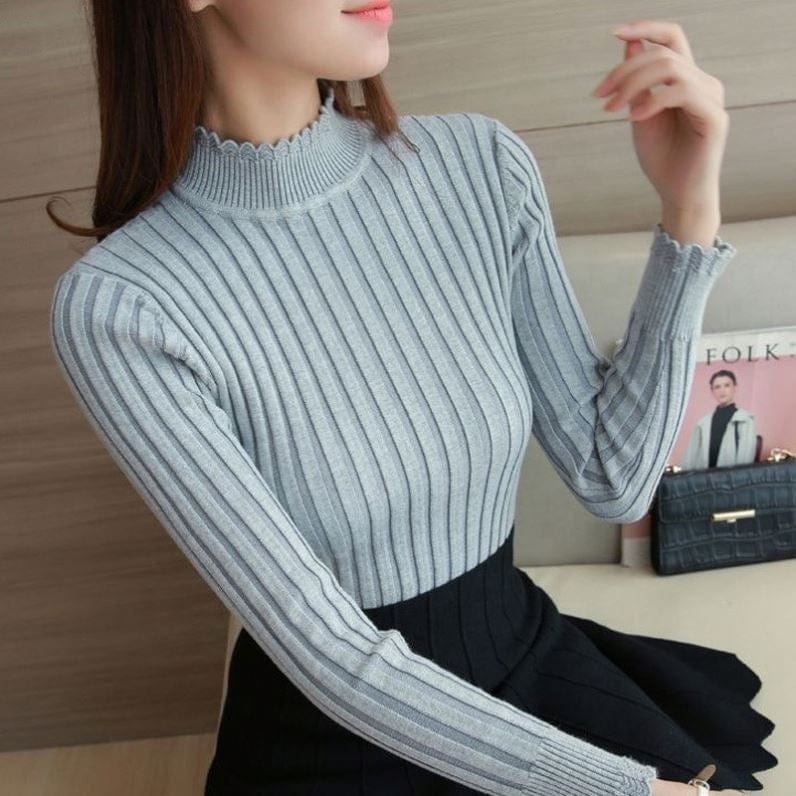 Hot Sale Korean Style High Neck Slim Fit Girls Spring Thin Sweater