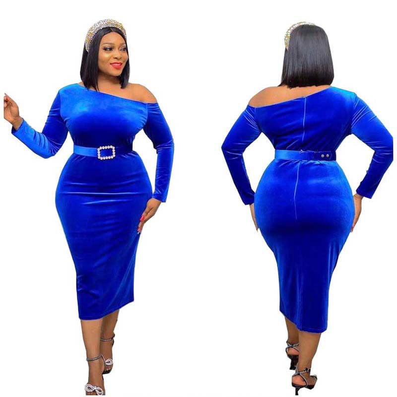 Hot Sale Ladies Spot Long Sleeve Slim Fit Oblique Shoulder Pure Color Flannel Sexy Mid Length Evening Satin Dress With Belt