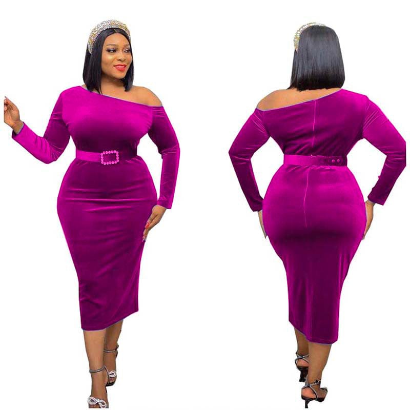 Hot Sale Ladies Spot Long Sleeve Slim Fit Oblique Shoulder Pure Color Flannel Sexy Mid Length Evening Satin Dress With Belt