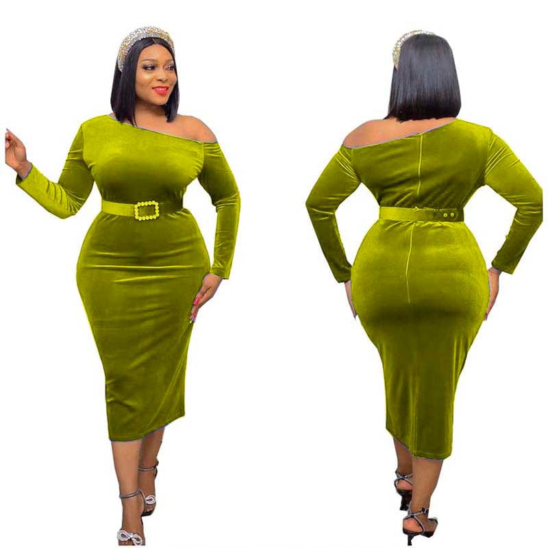 Hot Sale Ladies Spot Long Sleeve Slim Fit Oblique Shoulder Pure Color Flannel Sexy Mid Length Evening Satin Dress With Belt