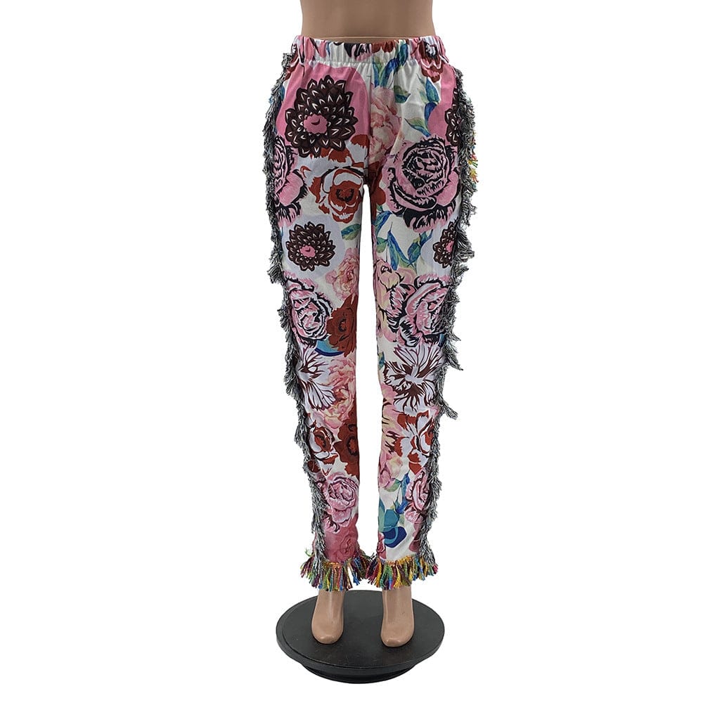 Hot Sale New Fashion Color Pattern Print Long Trousers White Pants Women Fringe Tassel Casual Pants