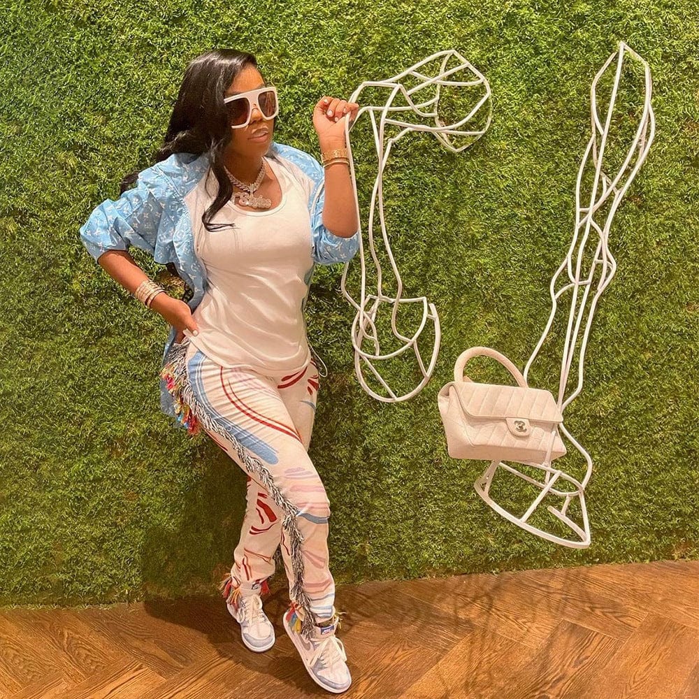 Hot Sale New Fashion Color Pattern Print Long Trousers White Pants Women Fringe Tassel Casual Pants