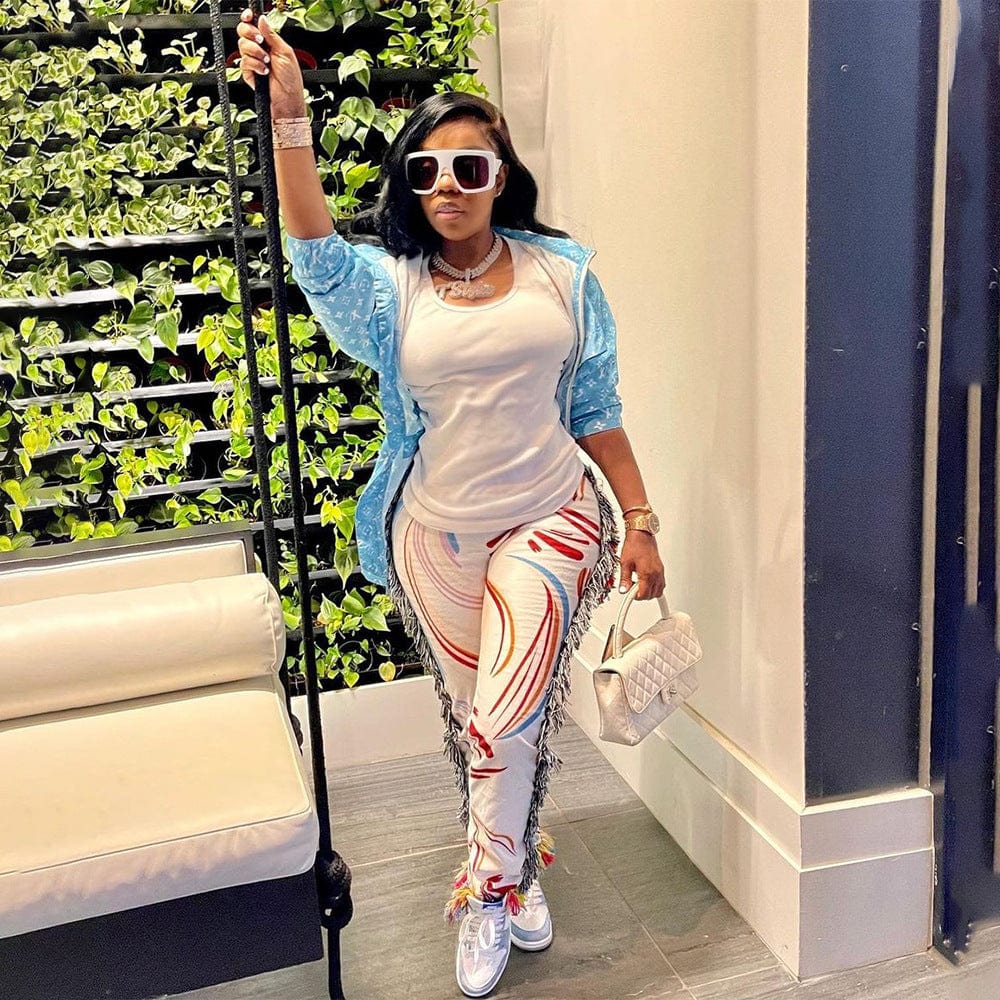 Hot Sale New Fashion Color Pattern Print Long Trousers White Pants Women Fringe Tassel Casual Pants