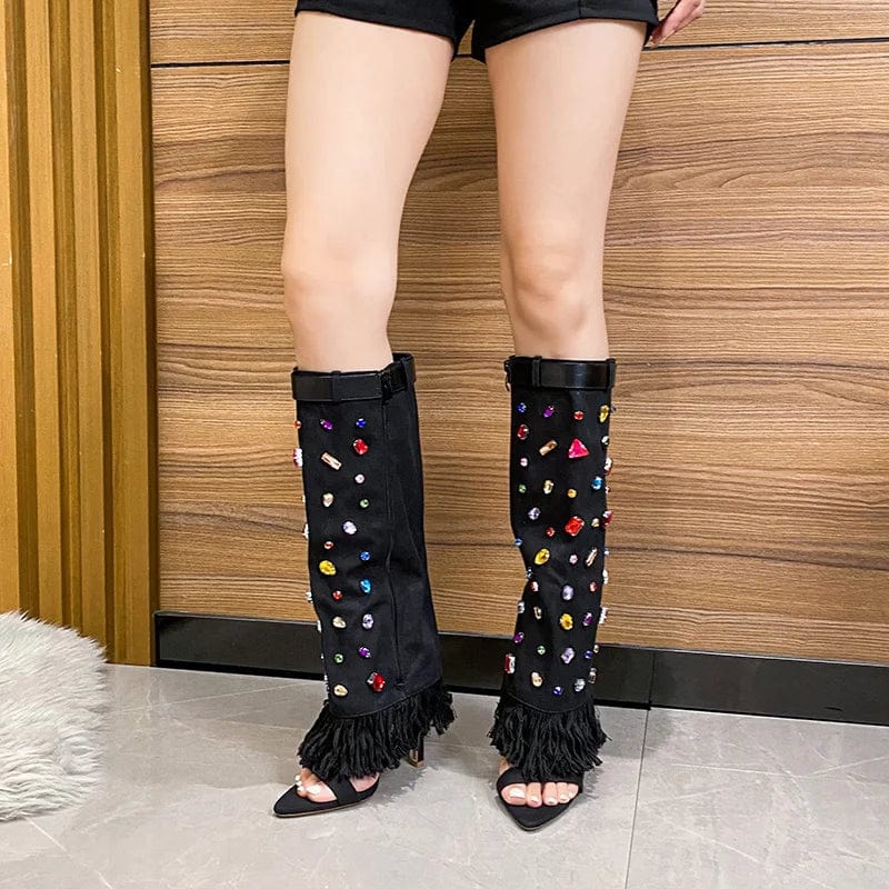 Hot sale New Heavy Industry color rhinestone 2024 denim high heel cool boots fashion women's shoes