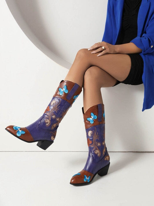 Hot Sale New Style Fashion Design Western European Low Stacked Block Heel Outdoor Decorative Women Cowgirl Shoes Boots