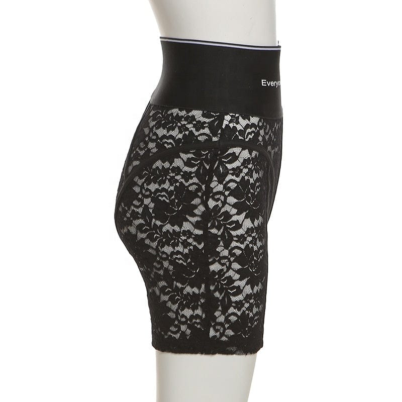 Hot Sale Nightclub Lady High Waist Zipper Shorts See Through Patchwork Pants Women Letter Black Lace Shorts