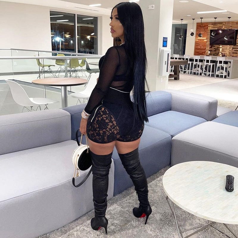 Hot Sale Nightclub Lady High Waist Zipper Shorts See Through Patchwork Pants Women Letter Black Lace Shorts
