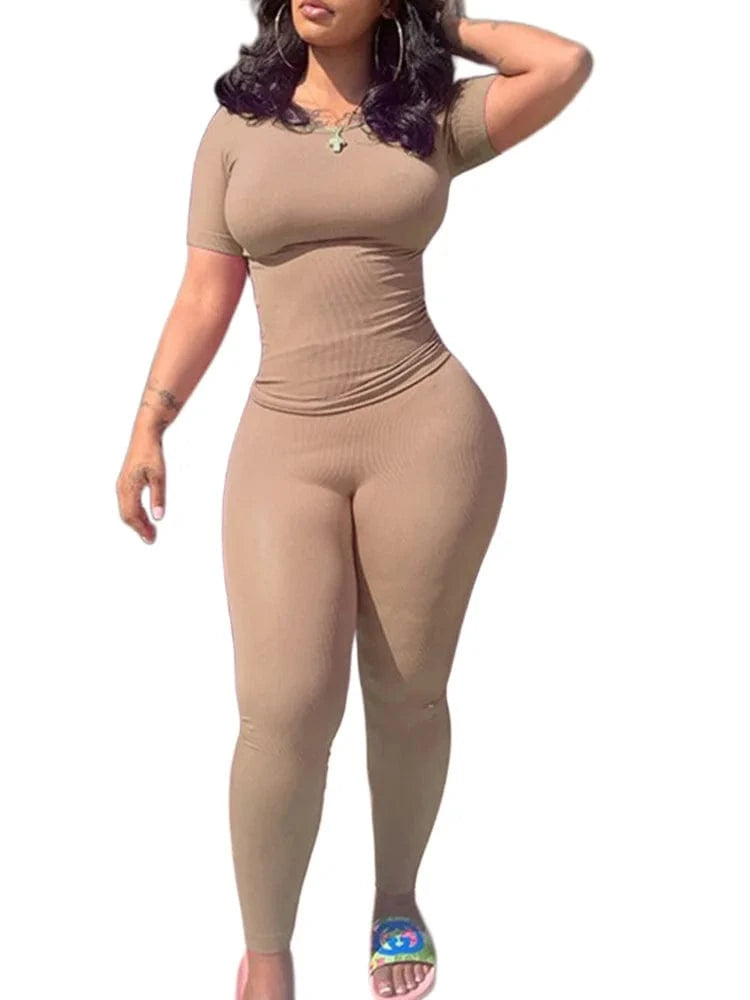 Hot sale Poly stretchy rib fabric crew neck short sleeve t shirt elastic waistband legging two piece pant set women