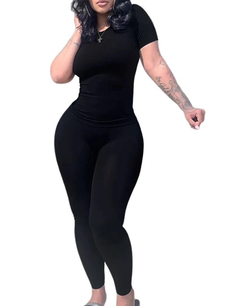 Hot sale Poly stretchy rib fabric crew neck short sleeve t shirt elastic waistband legging two piece pant set women