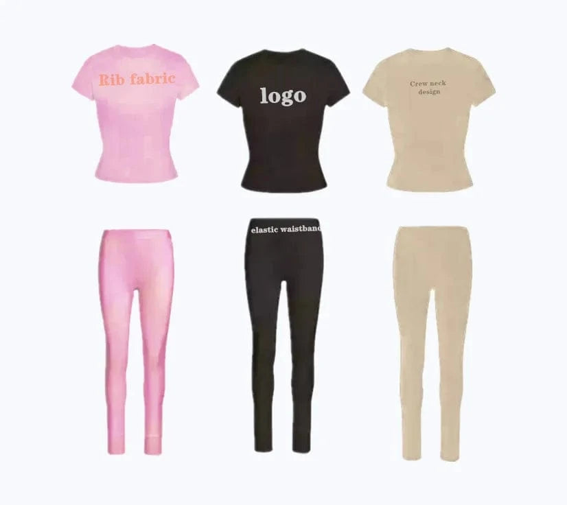 Hot sale Poly stretchy rib fabric crew neck short sleeve t shirt elastic waistband legging two piece pant set women