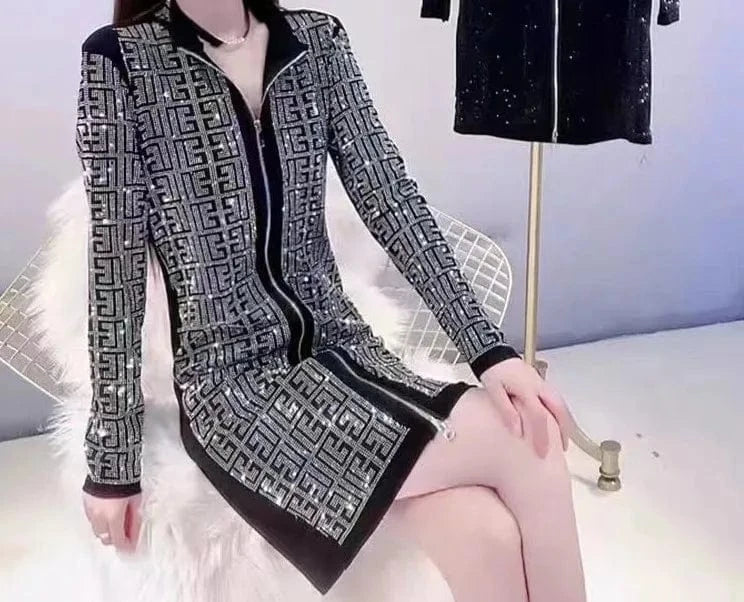 Hot Sale Rhinestones Long Sleeve Dress F Pattern Dress