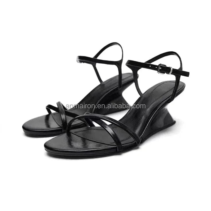 Hot Sale Round Toe Metallic Leather Women Wedge Sandals