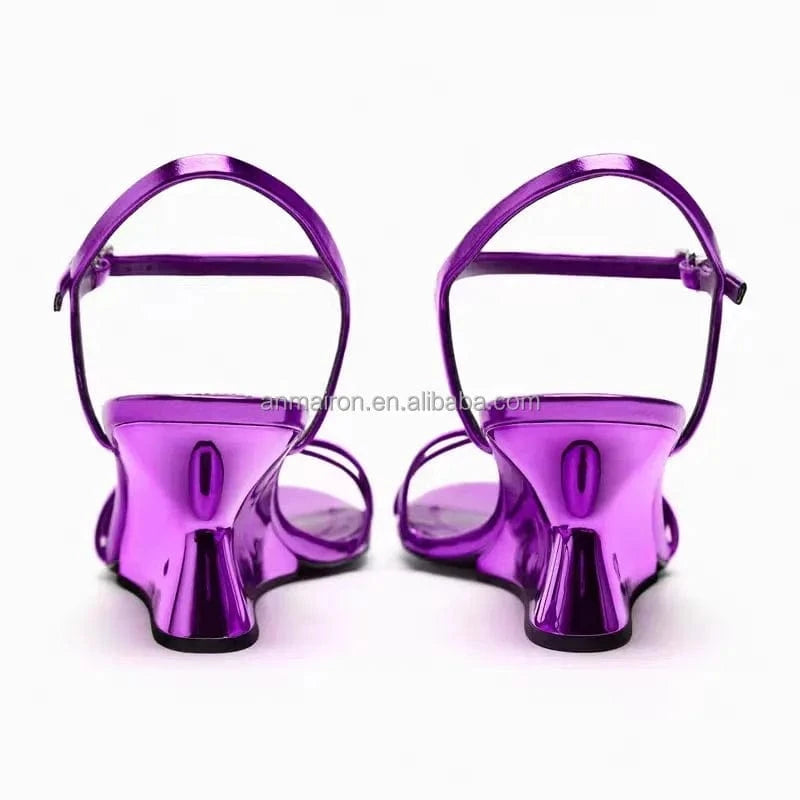 Hot Sale Round Toe Metallic Leather Women Wedge Sandals