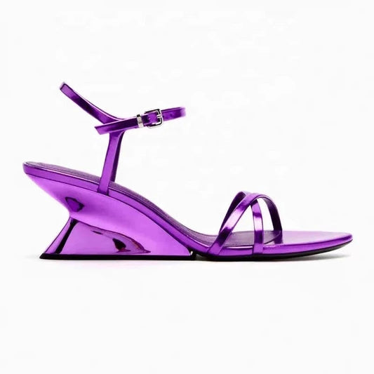 Hot Sale Round Toe Metallic Leather Women Wedge Sandals