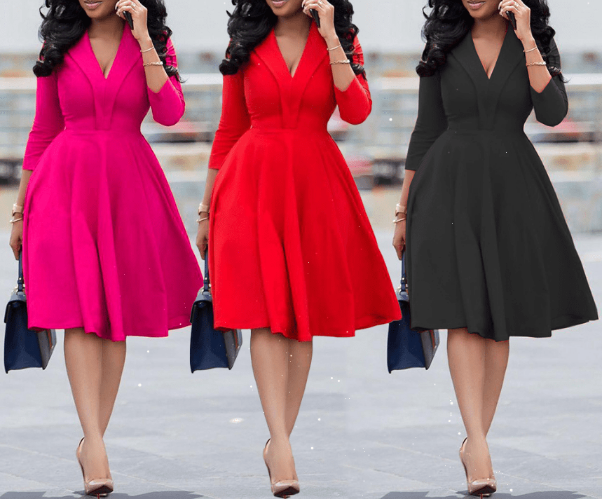 Hot sale spring autumn ladies dress sexy fashion solid color dresses women's deep V-nece pleated dress