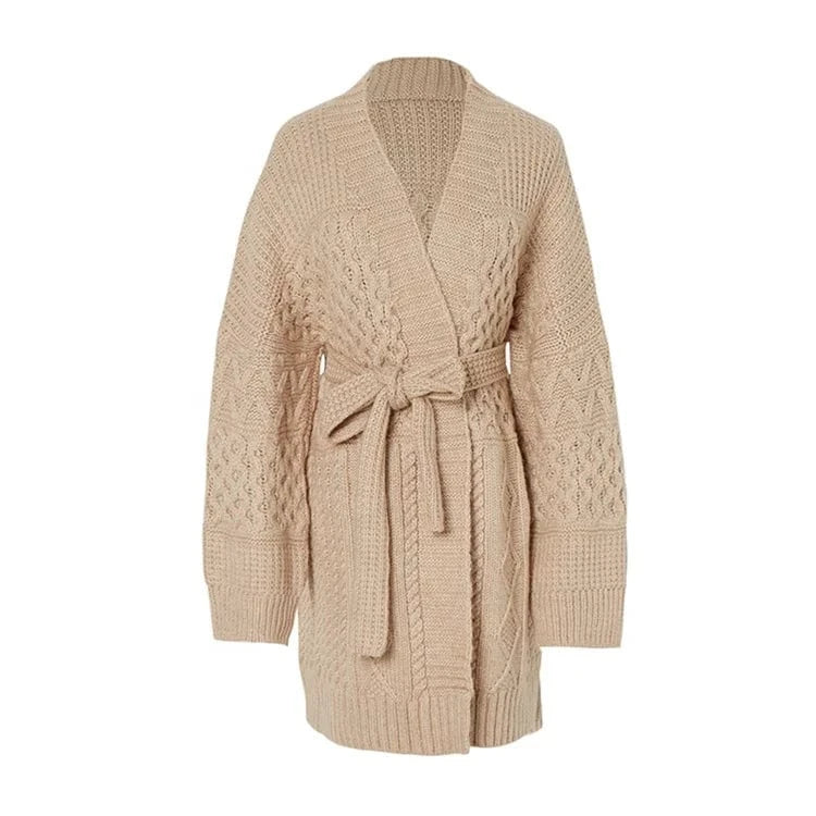 Hot sale white belt cashmere oversized cardigan stripe long sweater set women knit