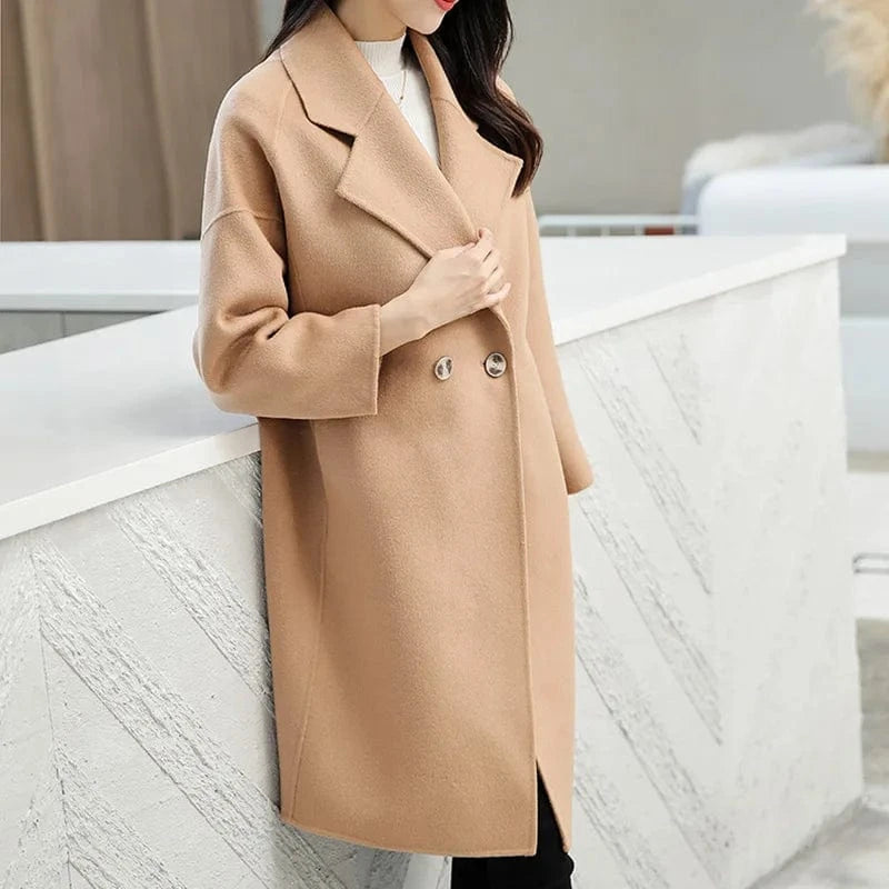 Hot Sale Winter Custom Solid Color Cashmere Coat Turn Down Collar Women Wool Trench Coat