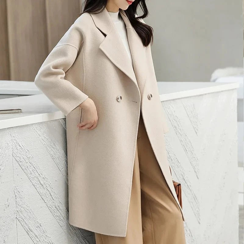 Hot Sale Winter Custom Solid Color Cashmere Coat Turn Down Collar Women Wool Trench Coat