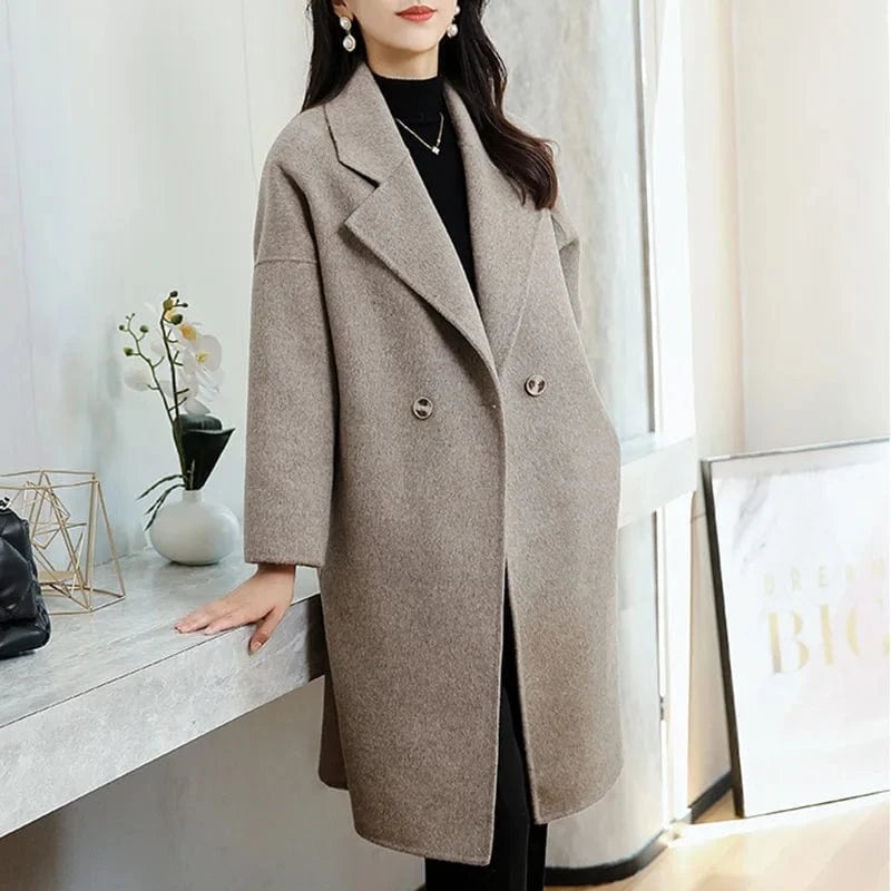 Hot Sale Winter Custom Solid Color Cashmere Coat Turn Down Collar Women Wool Trench Coat