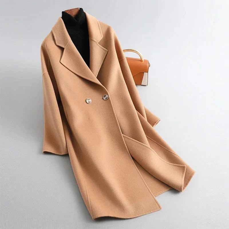 Hot Sale Winter Custom Solid Color Cashmere Coat Turn Down Collar Women Wool Trench Coat