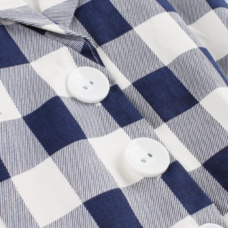 Hot Sales Summer Short Sleeve V-neck Vintage Button Dresses Women's Blue Casual A-line Knee-length Plaid Dress With Pocket