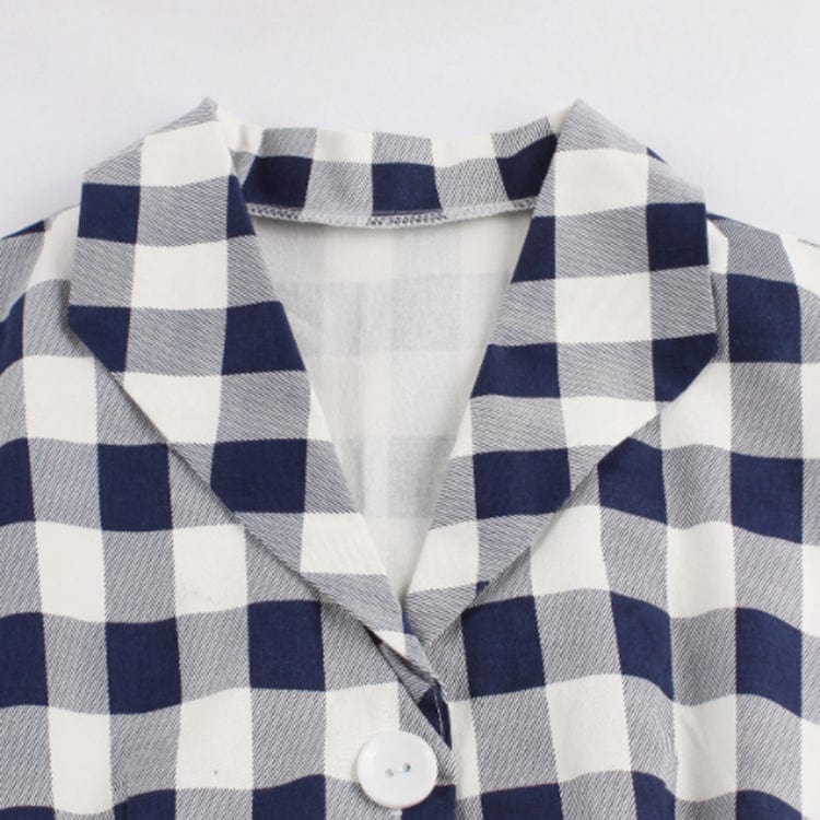 Hot Sales Summer Short Sleeve V-neck Vintage Button Dresses Women's Blue Casual A-line Knee-length Plaid Dress With Pocket