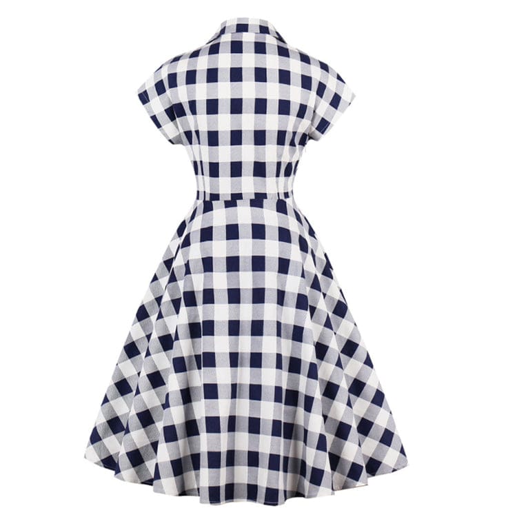 Hot Sales Summer Short Sleeve V-neck Vintage Button Dresses Women's Blue Casual A-line Knee-length Plaid Dress With Pocket