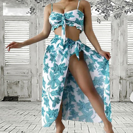 Hot Selling 2023 designer bathing suit push up bikini Sarong swimsuit mesh long dress cover up 3 piece swimwear set for women